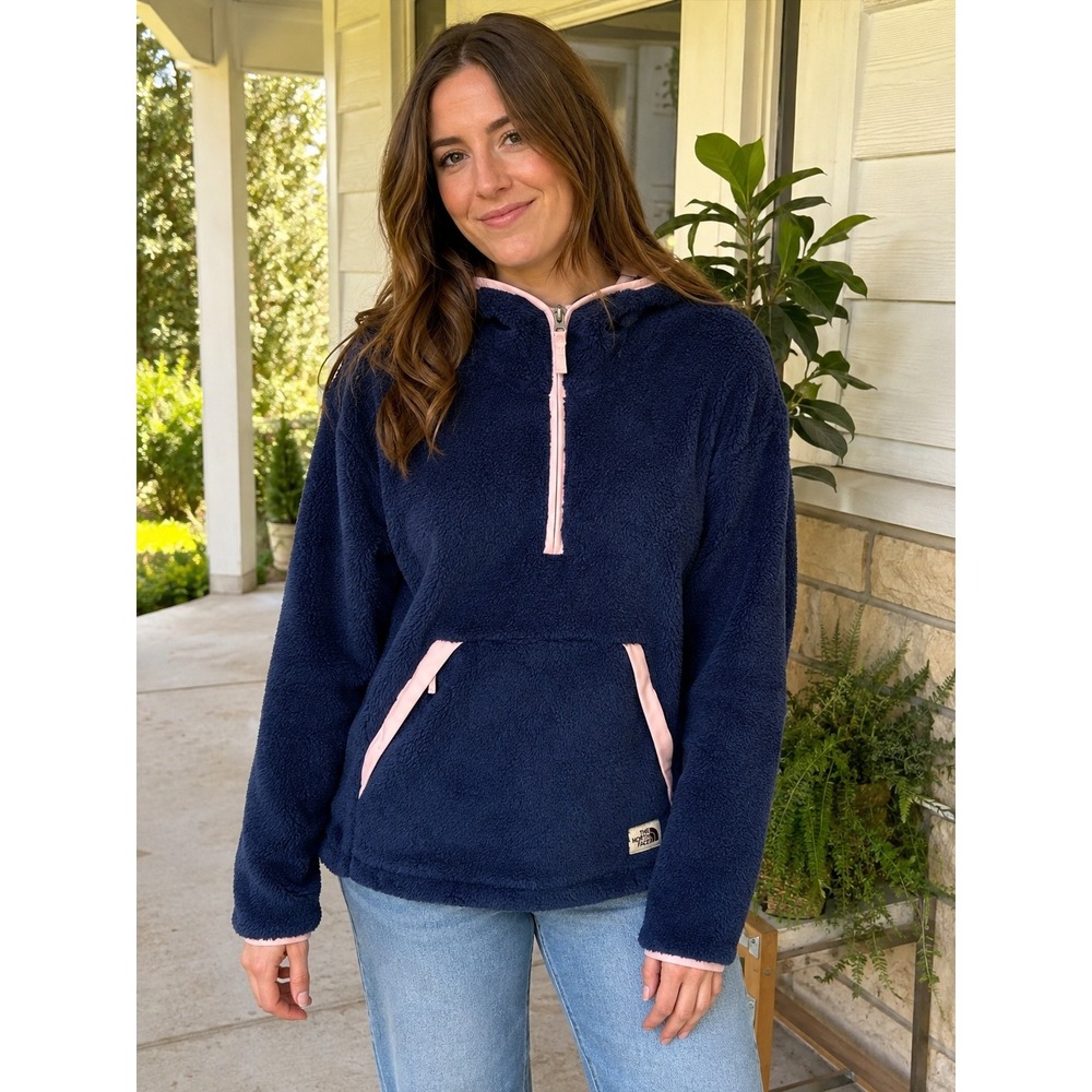 The North Face Campshire Navy Pink Fleece Quarter Zip Hoodie NF0A4R78 Womens M